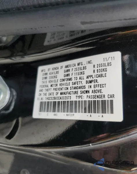 2012 Honda Accord Exl from USA, damaged, VIN 1HGCS2B83CA002573